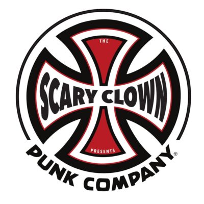 scary clown presents logo white back