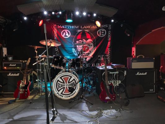 SCP stage set-up with new bass drum skin